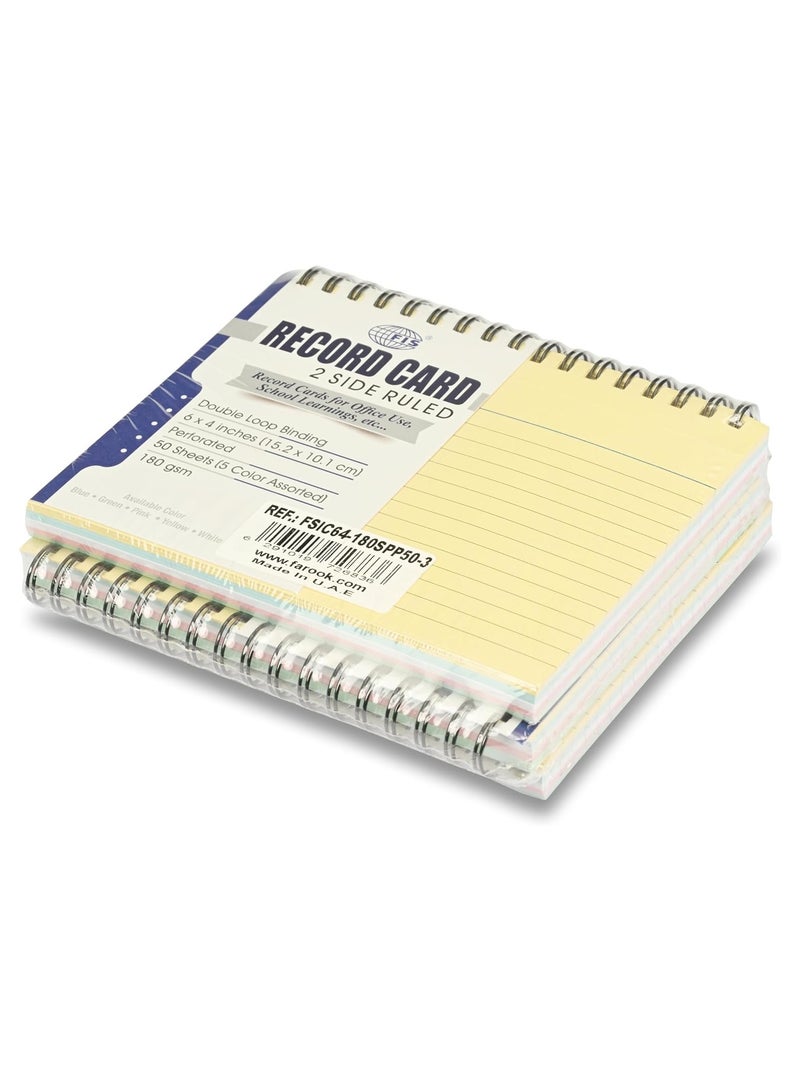 FIS® Ruled Record Cards Size:8"x5" Inches (203x127mm),Double Loop Spiral Binding, Two Sides Single Ruled,180gsm,Perforated, 50 Sheets Per Pad,Packet of 3 Pieces,Assorted 5 Colors-FSIC85-180SPP50-3 - Image 2