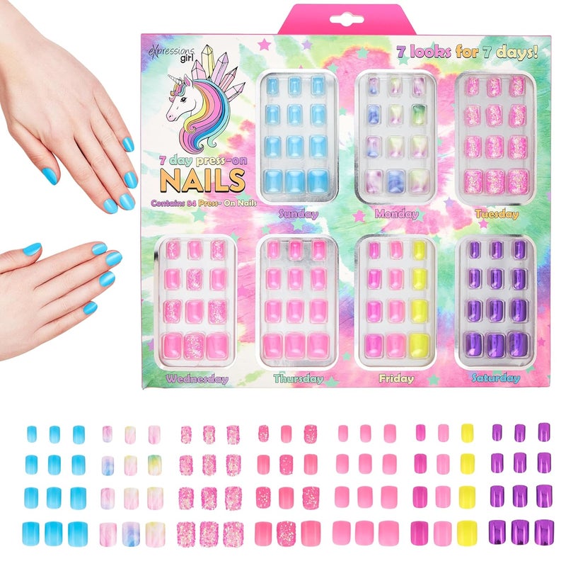 Expressions Girls 7-Day Press On Nails Set | Assorted Colors Nail Accessories for Kids