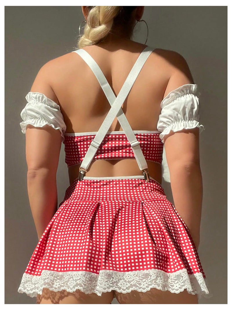 OYOANGLE Women's 9 Piece Garter Lingerie Set Plaid Bow Knot Cut Out Teddy Babydoll with Stockings Red and White Small - Image 2