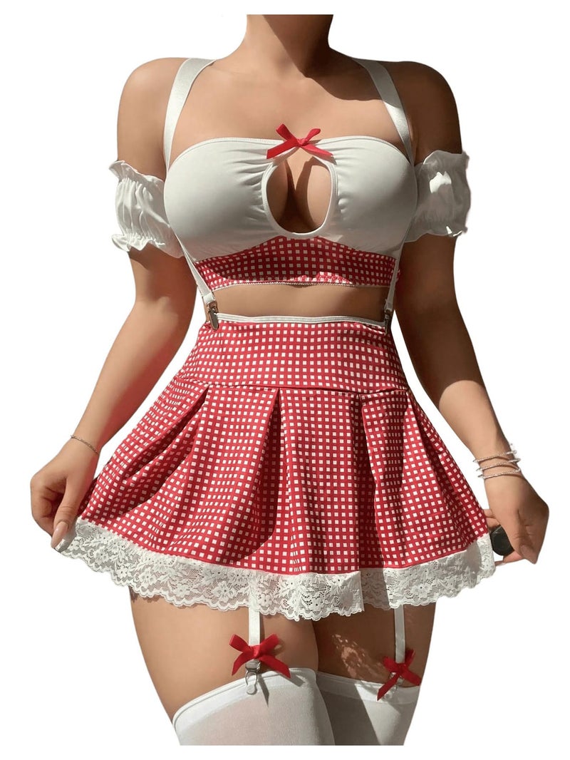 OYOANGLE Women's 9 Piece Garter Lingerie Set Plaid Bow Knot Cut Out Teddy Babydoll with Stockings Red and White Small - Image 1