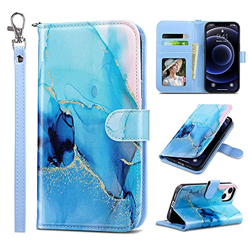 ULAK Compatible with iPhone 13 Wallet Case for Women, Premium PU Leather Flip Cover with Card Holder and Kickstand Feature Protective Phone Case Designed for iPhone 13 6.1 Inch, Blue Marble - Image 1