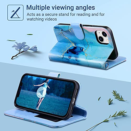 ULAK Compatible with iPhone 13 Wallet Case for Women, Premium PU Leather Flip Cover with Card Holder and Kickstand Feature Protective Phone Case Designed for iPhone 13 6.1 Inch, Blue Marble - Image 3