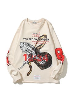 Vintage Loose-Fit Long Sleeve T-Shirt American Style RRR123 Sketch Snake Design Fog Round Neck Sweatshirt For Men And Women Apricot