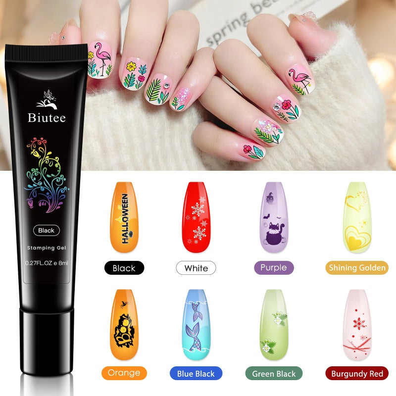 Biutee Nail Stamping Kit 15Pcs Nail Art Stamping Plate Set 8 Colors Nail Stamping Gel Polish, Nail Stamper and Scraper with Storage Bag, Nail Stamper Kit Flower Leaves Star Template Design - Image 2