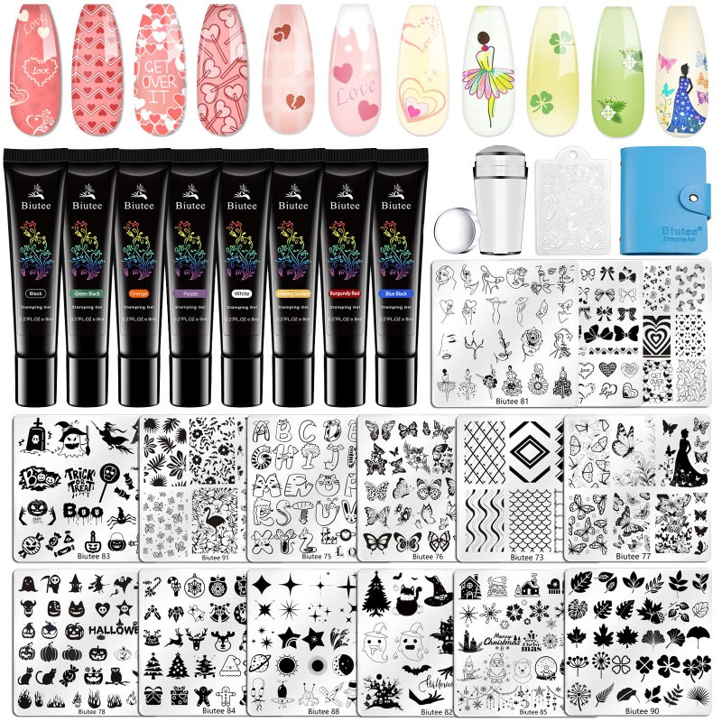 Biutee Nail Stamping Kit 15Pcs Nail Art Stamping Plate Set 8 Colors Nail Stamping Gel Polish, Nail Stamper and Scraper with Storage Bag, Nail Stamper Kit Flower Leaves Star Template Design - Image 1