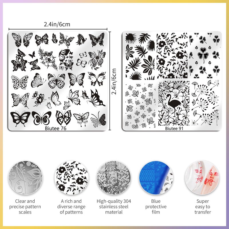 Biutee Nail Stamping Kit 15Pcs Nail Art Stamping Plate Set 8 Colors Nail Stamping Gel Polish, Nail Stamper and Scraper with Storage Bag, Nail Stamper Kit Flower Leaves Star Template Design - Image 5