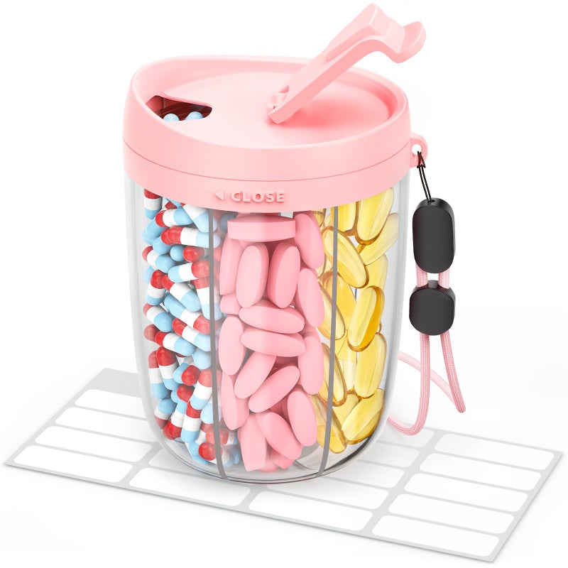 AMOOS Large Pill Dispenser with 6 Compartments, Anti-Mix Pill Bottle Organizer with Wide Opening & Easy Retrieval, Vitamin Organizer for Travel, BPA-Free Pill Box with a Strap, Pink - Image 1