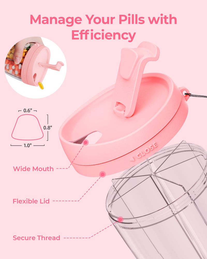 AMOOS Large Pill Dispenser with 6 Compartments, Anti-Mix Pill Bottle Organizer with Wide Opening & Easy Retrieval, Vitamin Organizer for Travel, BPA-Free Pill Box with a Strap, Pink - Image 4