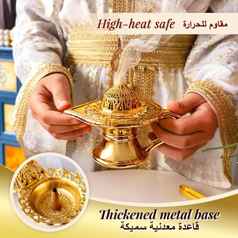 nafas Incense Bukhoor Burner Incense Holder for Oud Charcoal Gold Color Metal Moon and Magic Lamp Fine Decorative Objects, Traditional Islamic Design for Home Decor, Wedding & Gifts - Image 4