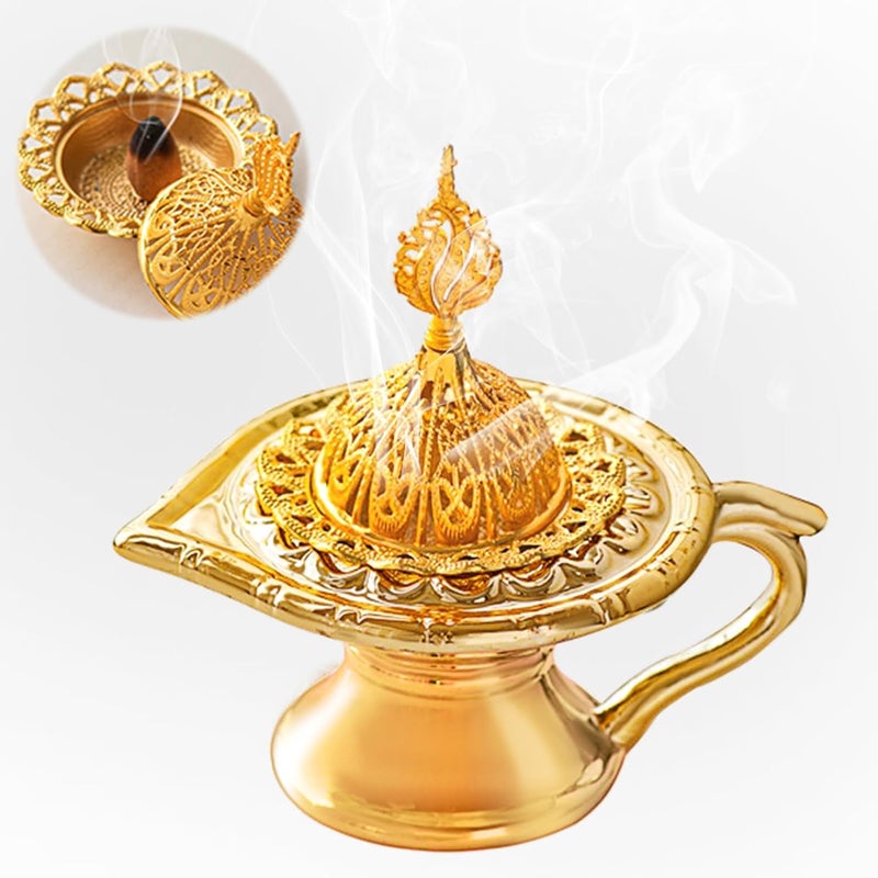 nafas Incense Bukhoor Burner Incense Holder for Oud Charcoal Gold Color Metal Moon and Magic Lamp Fine Decorative Objects, Traditional Islamic Design for Home Decor, Wedding & Gifts - Image 1