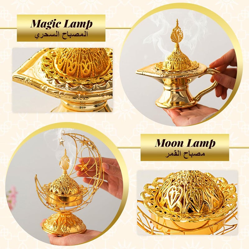 nafas Incense Bukhoor Burner Incense Holder for Oud Charcoal Gold Color Metal Moon and Magic Lamp Fine Decorative Objects, Traditional Islamic Design for Home Decor, Wedding & Gifts - Image 3