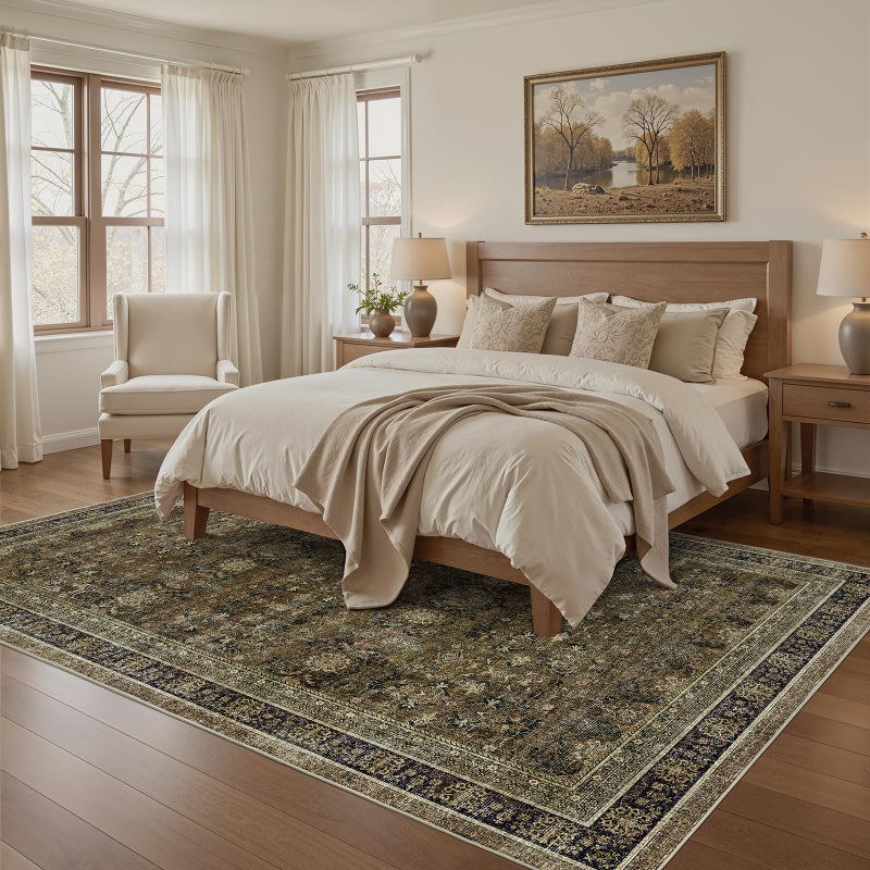 WITSHOCK 5x7 Olive Green Rug for Living Room: Modern Vintage Boho Moody Retro Antique Farmhouse, Non-Slip Low Pile Stain Resistant Brown Rugs for Bedroom Nursery Dining Under Table Lounge - Image 2
