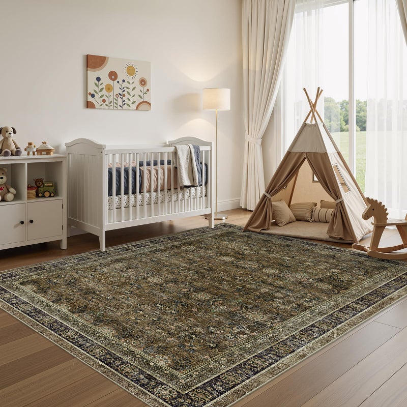 WITSHOCK 5x7 Olive Green Rug for Living Room: Modern Vintage Boho Moody Retro Antique Farmhouse, Non-Slip Low Pile Stain Resistant Brown Rugs for Bedroom Nursery Dining Under Table Lounge - Image 4