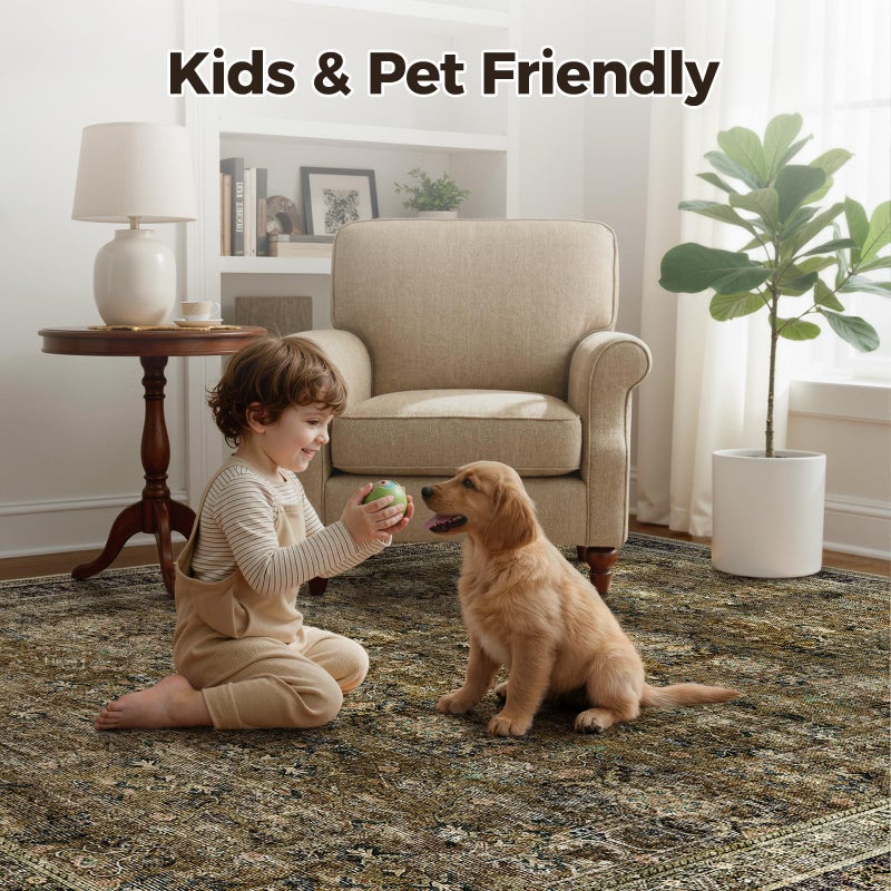 WITSHOCK 5x7 Olive Green Rug for Living Room: Modern Vintage Boho Moody Retro Antique Farmhouse, Non-Slip Low Pile Stain Resistant Brown Rugs for Bedroom Nursery Dining Under Table Lounge - Image 5