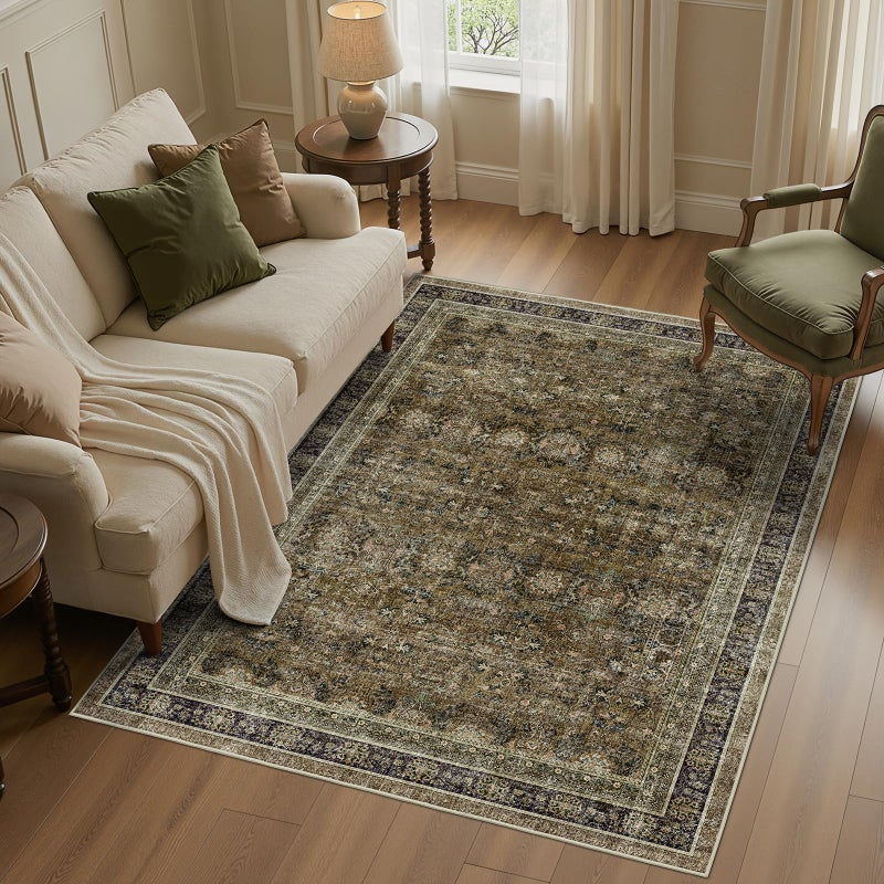 WITSHOCK 5x7 Olive Green Rug for Living Room: Modern Vintage Boho Moody Retro Antique Farmhouse, Non-Slip Low Pile Stain Resistant Brown Rugs for Bedroom Nursery Dining Under Table Lounge - Image 1