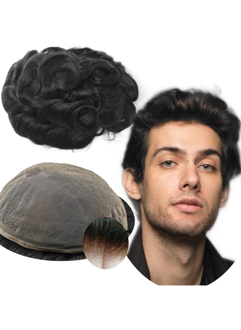 YANAHAIR - Toupee for Men - Real Human Hair Replacement System - Fine French Lace Hairpiece - Customizable Hair Units - Natural-Looking Hair Pieces - Hair Prosthesis - #1B Off Black - 8x10 - Wavy - Image 1