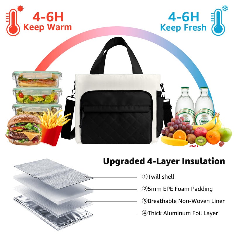 WAKOSAN Women's Insulated Lunch Box Bag - Stylish Tote Design, Leakproof Waterproof Lunch Cooler, Large Lunch Tote Bags for Work Commute & Dates (White-Black) - Image 4