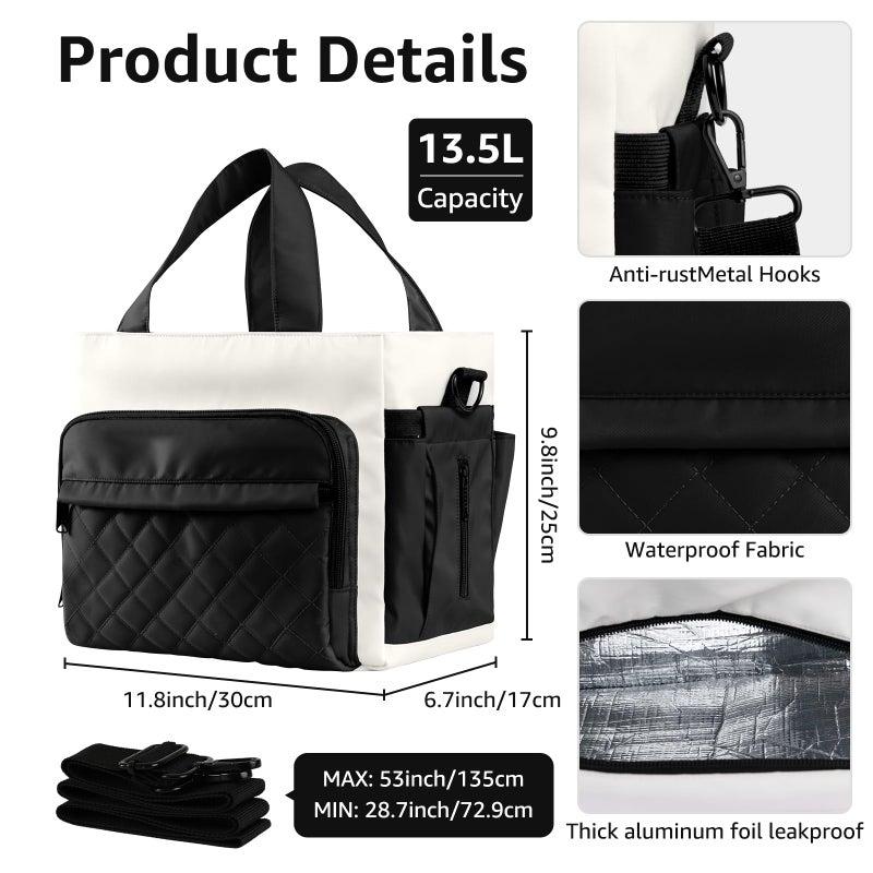 WAKOSAN Women's Insulated Lunch Box Bag - Stylish Tote Design, Leakproof Waterproof Lunch Cooler, Large Lunch Tote Bags for Work Commute & Dates (White-Black) - Image 2