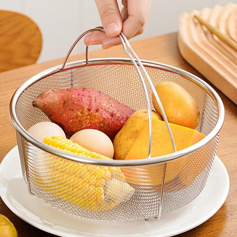 Snevad Round Shape Stainless Steel Steamer Basket with Folding Handle Rice Cooker Steamer for Kitchen for Veggie Fish Seafood Cooking and Vegetable Fruits Washing Steamer Basket [24x 23x 9.5 CM] - Image 5