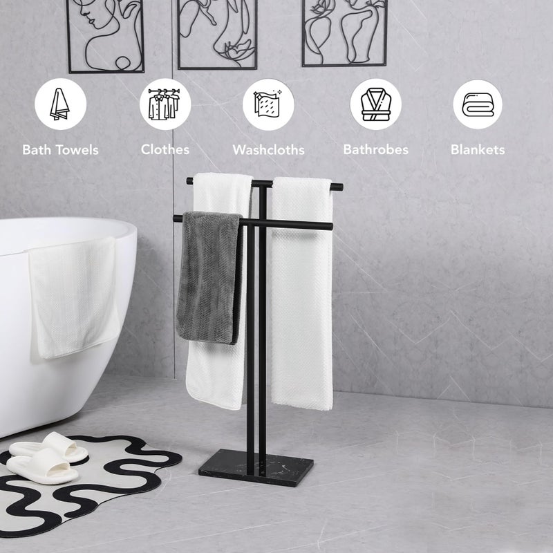 WISATO - Free Standing Towel Rack for Bathroom - Matte Black Finish - Stand Alone 2 Tier Stainless Steel Towel Rack for Bathroom Floor with Heavy Marble Base - Double T Shape Drying Stand for Towels - Image 2