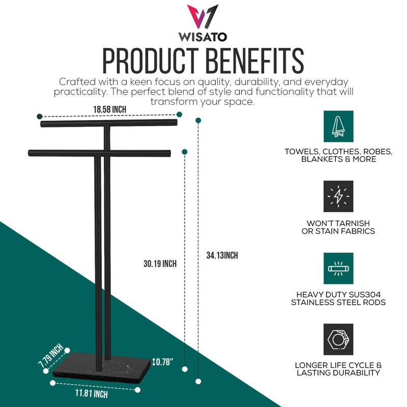 WISATO - Free Standing Towel Rack for Bathroom - Matte Black Finish - Stand Alone 2 Tier Stainless Steel Towel Rack for Bathroom Floor with Heavy Marble Base - Double T Shape Drying Stand for Towels - Image 3
