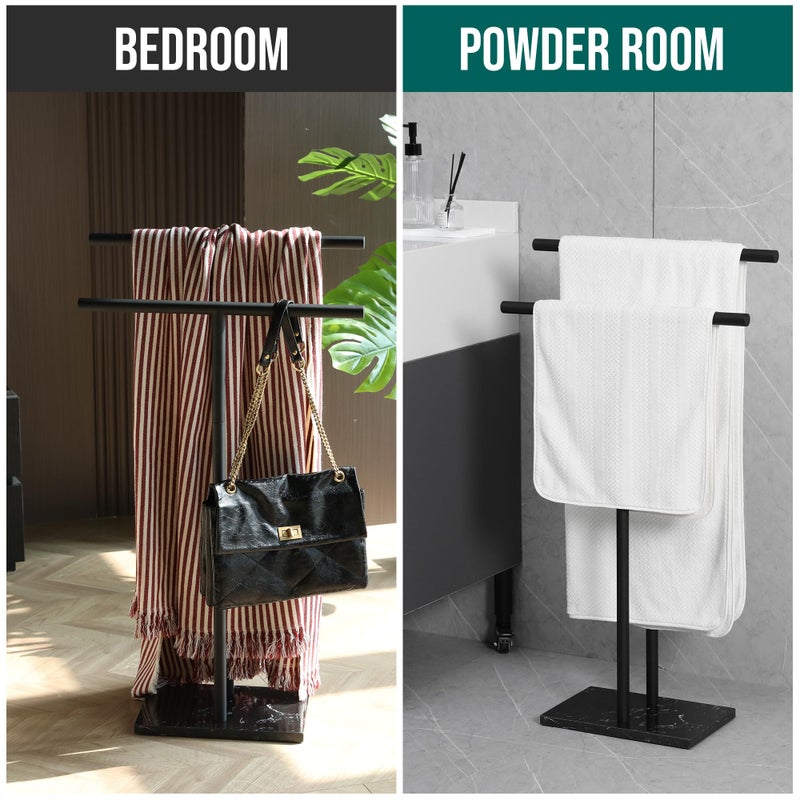 WISATO - Free Standing Towel Rack for Bathroom - Matte Black Finish - Stand Alone 2 Tier Stainless Steel Towel Rack for Bathroom Floor with Heavy Marble Base - Double T Shape Drying Stand for Towels - Image 5