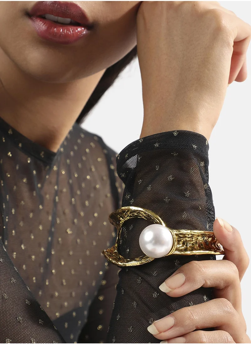 SOHI Dented Pearl Statement Bracelet - Metallic Gold-Colour