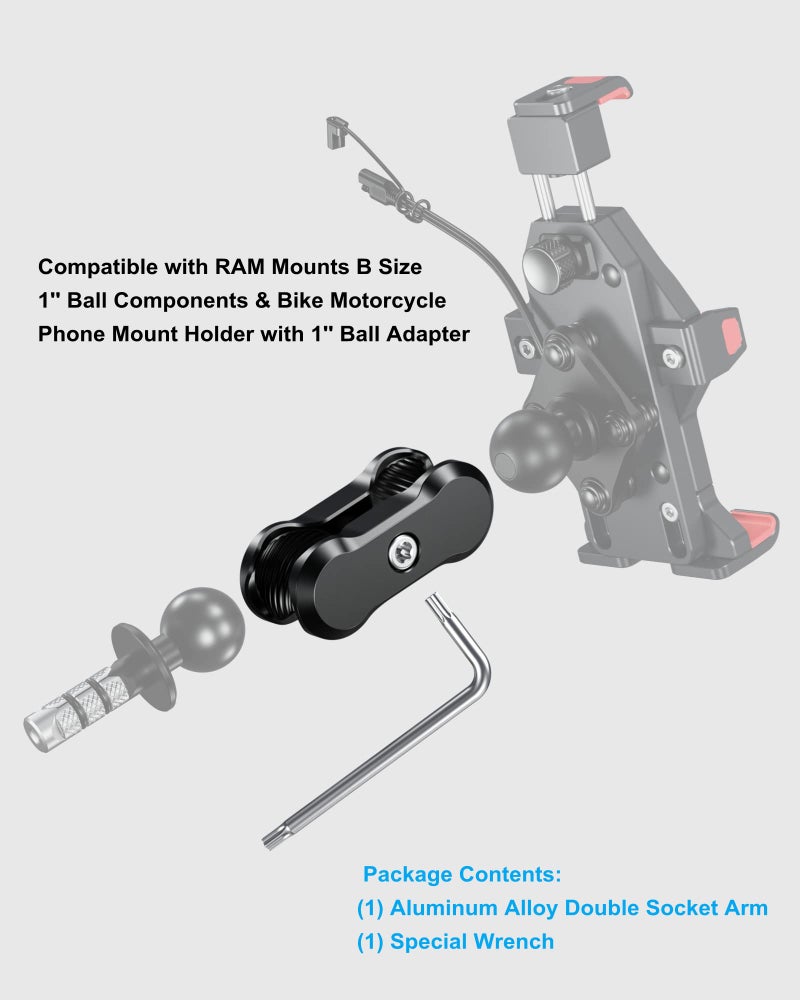 BRCOVAN Aluminum Alloy Anti-Theft Double Socket Arm Compatible with RAM Mounts B Size 1'' Ball Components & Bike Motorcycle Phone Mount Holder with 1'' Ball Adapter - Image 5