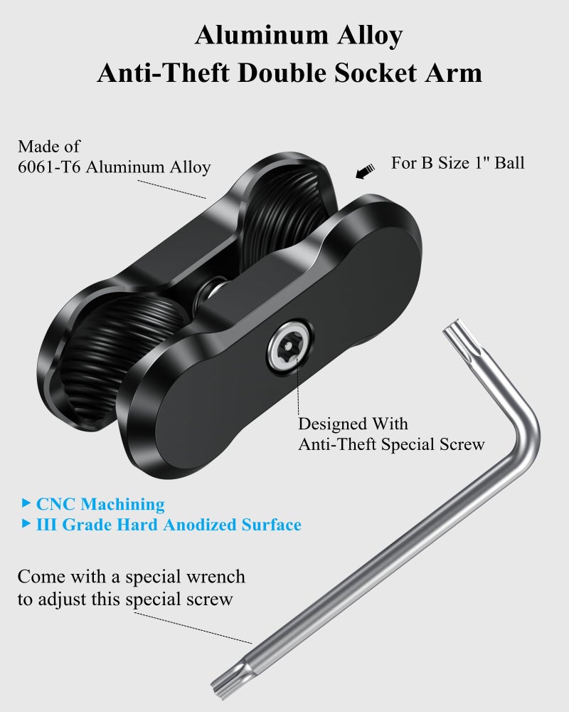 BRCOVAN Aluminum Alloy Anti-Theft Double Socket Arm Compatible with RAM Mounts B Size 1'' Ball Components & Bike Motorcycle Phone Mount Holder with 1'' Ball Adapter - Image 2