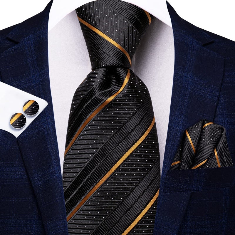 Hi-Tie 63" 70" Ties for Men Silk Extra Long Mens Ties Set and Pocket Square Cufflinks Paisley Necktie Business Wedding,Seventy Inch Black Gold Striped - Image 2