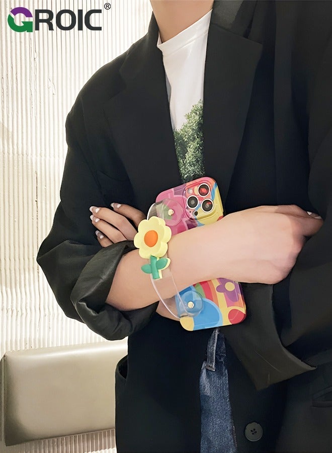 GROIC Compatible with iPhone 15 Pro Max Case 6.7 Inch,Crossbody Phone Cover with Strap and Wrist Band Kickstand, Unique Cute Kawaii Colorful Painting Flowers Design Phone Shell for iPhone 15 Pro Max - Image 5