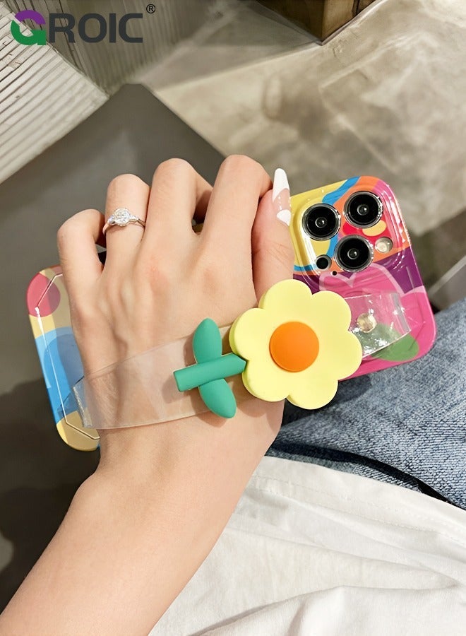 GROIC Compatible with iPhone 15 Pro Max Case 6.7 Inch,Crossbody Phone Cover with Strap and Wrist Band Kickstand, Unique Cute Kawaii Colorful Painting Flowers Design Phone Shell for iPhone 15 Pro Max - Image 4