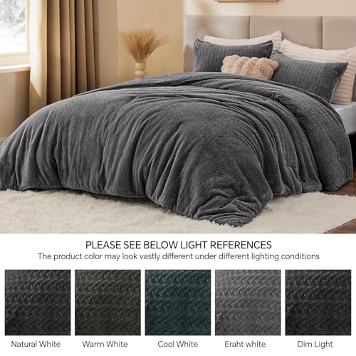 ChiXpace Fluffy Comforter King Set - Furry Grey Leaves Pattern Faux Fur Bed Set, Winter Ultra Soft Fuzzy Comfort Set, Velvet Bedding Set for Bed with 2 Pillow Cases - Image 5