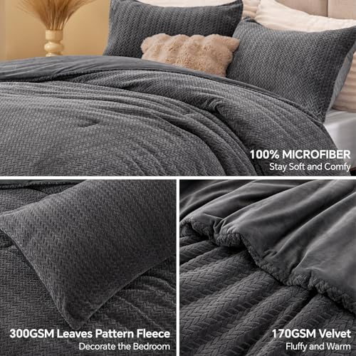 ChiXpace Fluffy Comforter King Set - Furry Grey Leaves Pattern Faux Fur Bed Set, Winter Ultra Soft Fuzzy Comfort Set, Velvet Bedding Set for Bed with 2 Pillow Cases - Image 2