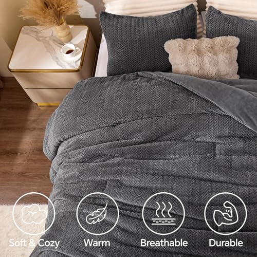 ChiXpace Fluffy Comforter King Set - Furry Grey Leaves Pattern Faux Fur Bed Set, Winter Ultra Soft Fuzzy Comfort Set, Velvet Bedding Set for Bed with 2 Pillow Cases - Image 3