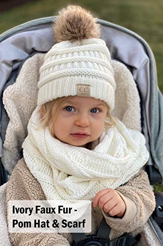 Funky Junque Toddler Pom Beanie & Infinity Scarf for Girls – Cute Winter Hat and Scarf Set, Warm Cozy Matching Accessories Ages 1–5 - Beige - Image 4