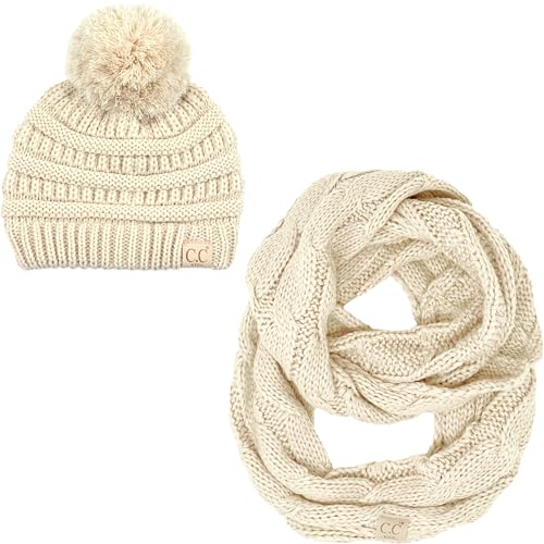 Funky Junque Toddler Pom Beanie & Infinity Scarf for Girls – Cute Winter Hat and Scarf Set, Warm Cozy Matching Accessories Ages 1–5 - Beige - Image 3