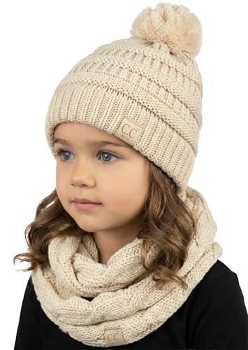 Funky Junque Toddler Pom Beanie & Infinity Scarf for Girls – Cute Winter Hat and Scarf Set, Warm Cozy Matching Accessories Ages 1–5 - Beige - Image 1