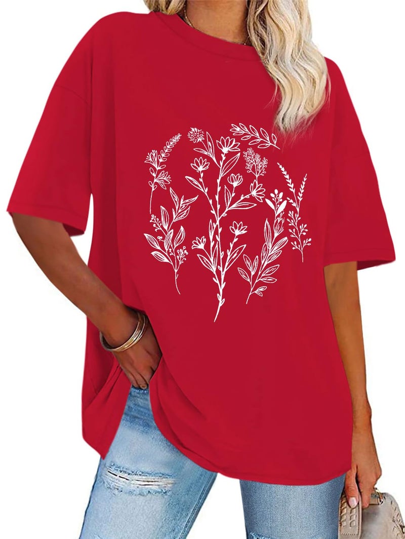 rosemia Womens Oversized Tshirt Graphic Tees Crew Neck Summer Short Sleeve Loose Fit Tops, Red Flower, L - Image 1