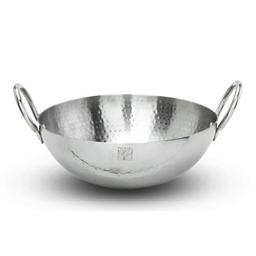 Earthy Fables Hammered Stainless Steel Round Kadhai, 22cm, 2Ltr, 1.3kg, Deep Heavy kadai for Cooking and Frying, Food Safe, Toxin Free, no Chemical Coating, Stove & Induction Bottom - Image 1