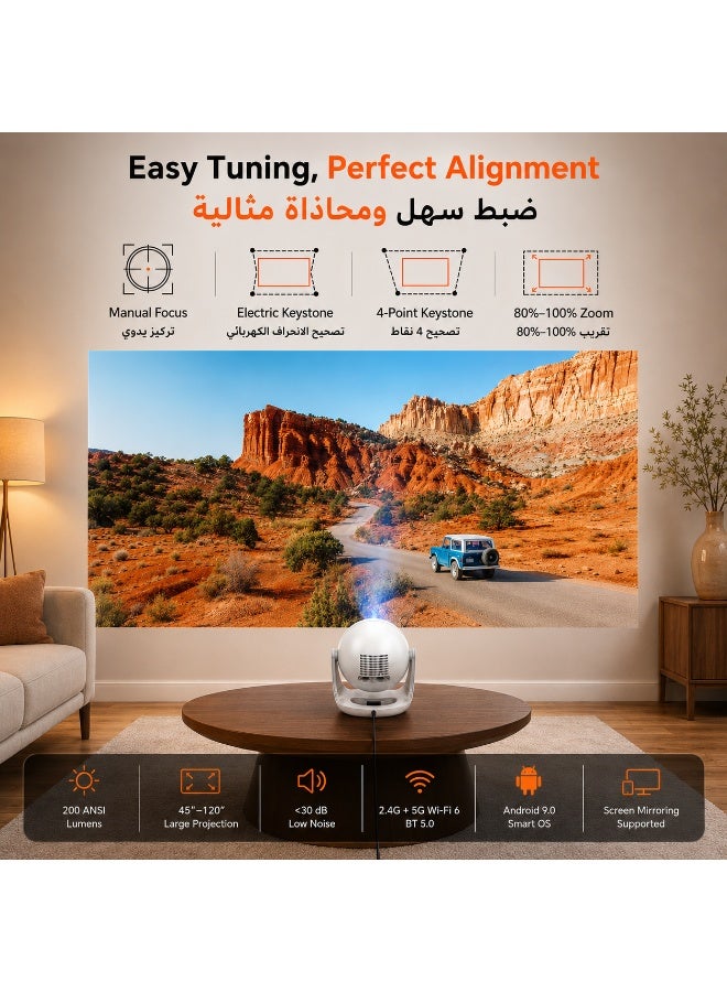 HAMMINER Portable Smart Projector, 720P HD LCD Home Theater Projector with Manual Focus, 200 ANSI Lumens, OS Android 9.0, Dual-Band Wi-Fi 6, Bluetooth 5.0, Screen Mirroring, HDMI & USB, Built-In Dual Speakers, Portable Projector for Home, Bedroom and Outdoor Entertainment - Image 2