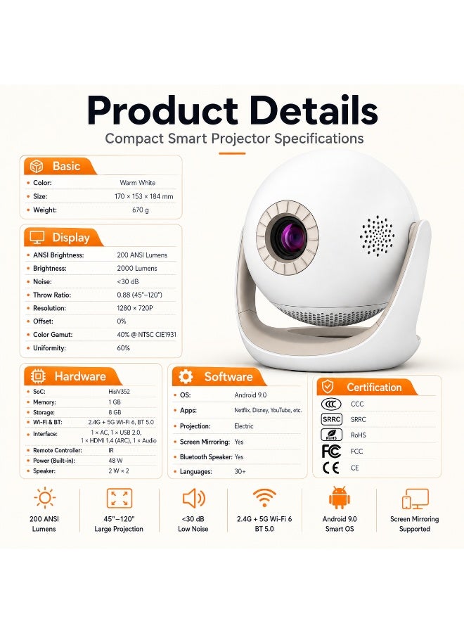 HAMMINER Portable Smart Projector, 720P HD LCD Home Theater Projector with Manual Focus, 200 ANSI Lumens, OS Android 9.0, Dual-Band Wi-Fi 6, Bluetooth 5.0, Screen Mirroring, HDMI & USB, Built-In Dual Speakers, Portable Projector for Home, Bedroom and Outdoor Entertainment - Image 4