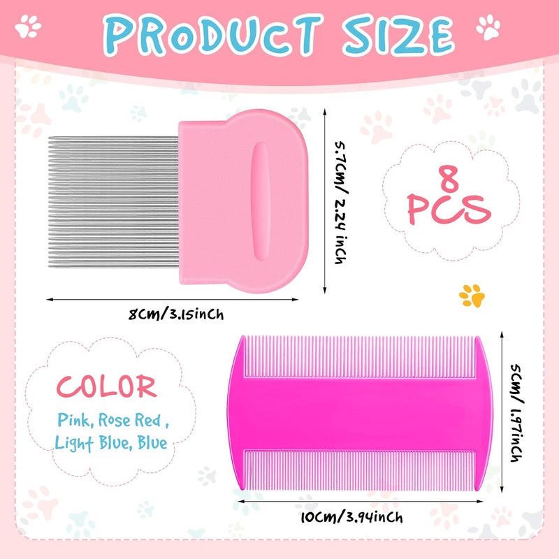 Maitys 8 Pieces Flea Lice Combs Double Sided Lice Removal Comb Hair Grooming Comb with Metal Teeth (Pink, Blue, 3.5 x 2 Inch, 3.54 x 1.57 Inch) - Image 2