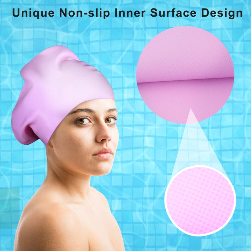 Seago Swim Cap Long Hair 2 Pack Swimming Cap for Women Silicone Swim Caps Keep Hair Dry Waterproof Comfortable Flexible Durable Bathing Cap Tear-Proof Design Large Adult Women Swimming Caps 10+ Years Girls - Image 5