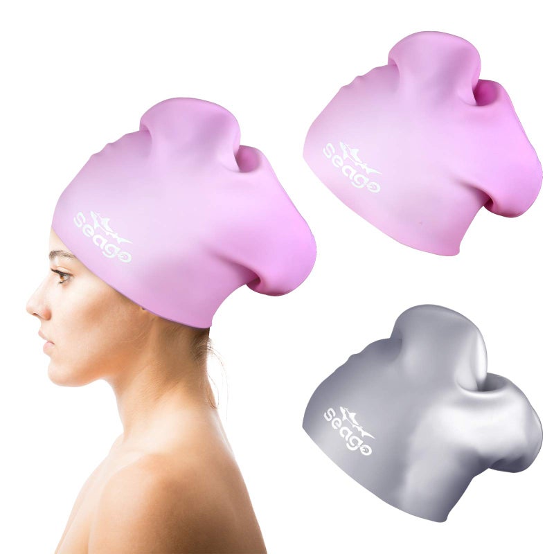 Seago Swim Cap Long Hair 2 Pack Swimming Cap for Women Silicone Swim Caps Keep Hair Dry Waterproof Comfortable Flexible Durable Bathing Cap Tear-Proof Design Large Adult Women Swimming Caps 10+ Years Girls - Image 1