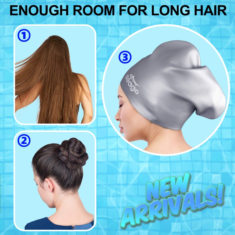 Seago Swim Cap Long Hair 2 Pack Swimming Cap for Women Silicone Swim Caps Keep Hair Dry Waterproof Comfortable Flexible Durable Bathing Cap Tear-Proof Design Large Adult Women Swimming Caps 10+ Years Girls - Image 2