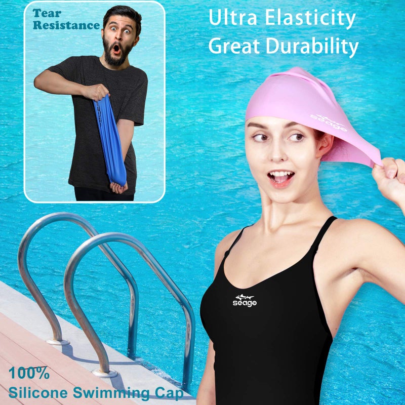 Seago Swim Cap Long Hair 2 Pack Swimming Cap for Women Silicone Swim Caps Keep Hair Dry Waterproof Comfortable Flexible Durable Bathing Cap Tear-Proof Design Large Adult Women Swimming Caps 10+ Years Girls - Image 4