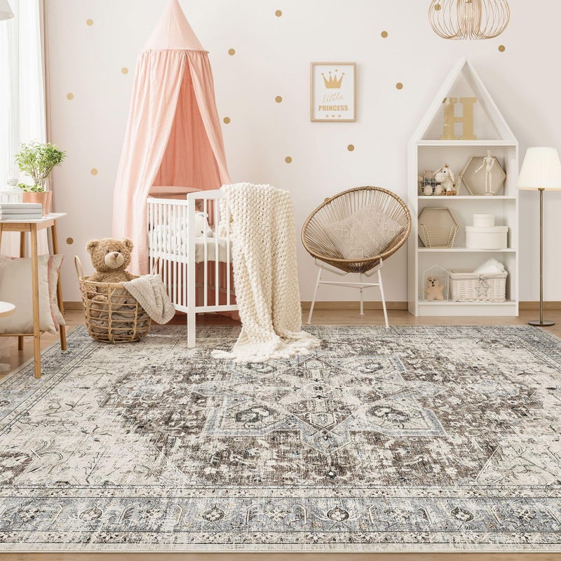 Tortania Area Rug Living Room Rugs - 8x10 Washable Boho Rug Vintage Oriental Distressed Farmhouse Large Thin Indoor Carpet for Living Room Bedroom Under Dining Table Home Office - Brown Blue - Image 3