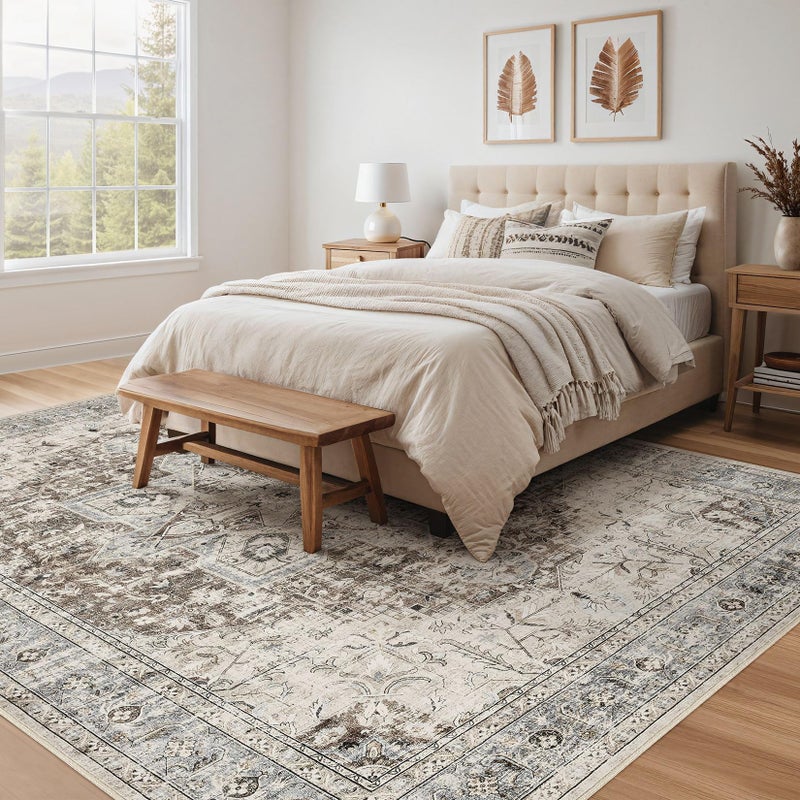 Tortania Area Rug Living Room Rugs - 8x10 Washable Boho Rug Vintage Oriental Distressed Farmhouse Large Thin Indoor Carpet for Living Room Bedroom Under Dining Table Home Office - Brown Blue - Image 2