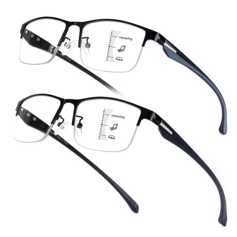 SKYOAK 2 Pack Premium Quality Progressive Multifocus Half Frame Reading Glasses for Men NoLine Blue Light Blocking Computer Readers Multifocal Eyeglasses with TR90 Temples Black and Gunmetal 25x - Image 2